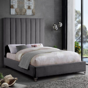 Aerostone Plush Velvet Upholstered Double Bed In Steel