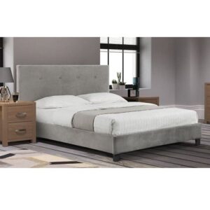Safara Fabric Double Bed In Slate Velvet With Wooden Legs