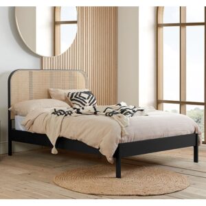 Margot Wooden King Size Bed In Black With Rattan Headboard